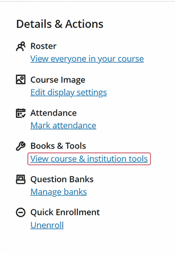 Blackboard Books & Tools menu with View course & institution tools outlined.