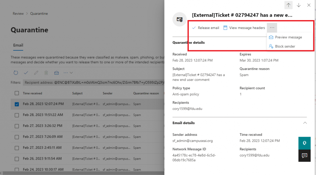 Microsoft 365 Quarantine Support - Fairleigh Dickinson University