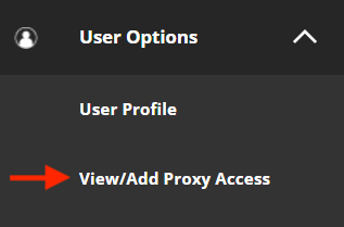 Self-Service User Options menu with View/Add Proxy Access highlighted by a red arrow