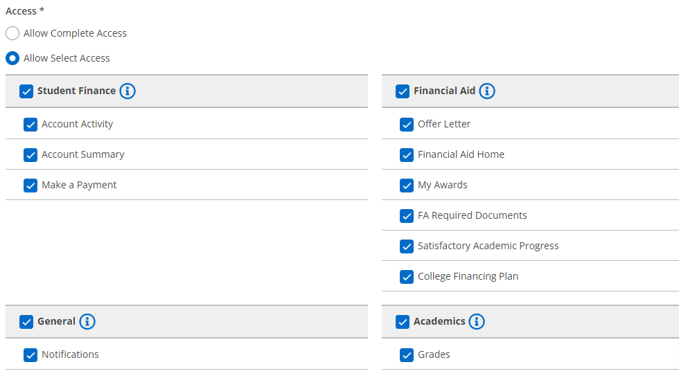 Proxy access selection screen