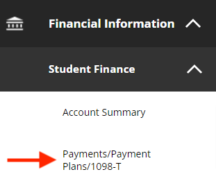 Student Finance menu with Payments/Payment Plans/1098-T highlighted by a red arrow