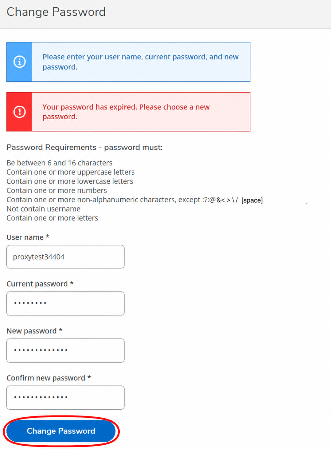 Change Password page with the Change Password button outlined