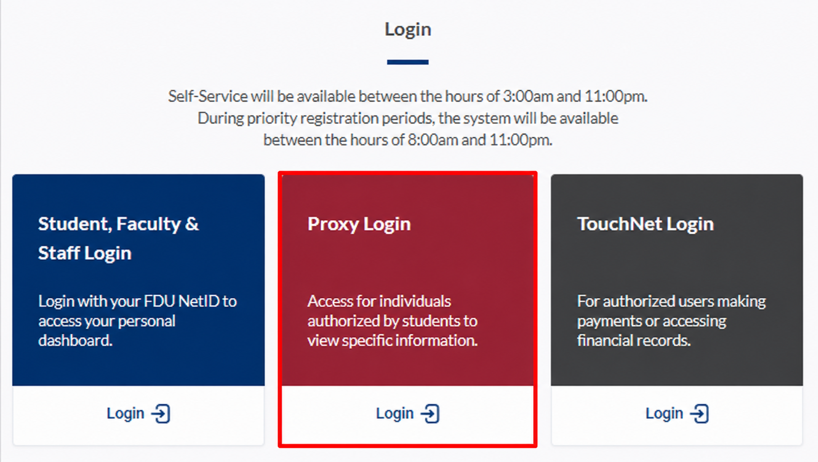 Self-Service login page with the Proxy Login option outlined
