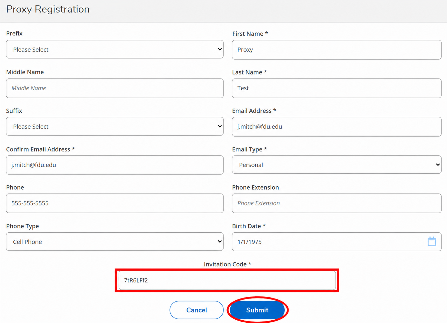Proxy Registration form with the Invitation Code field and Submit button outlined