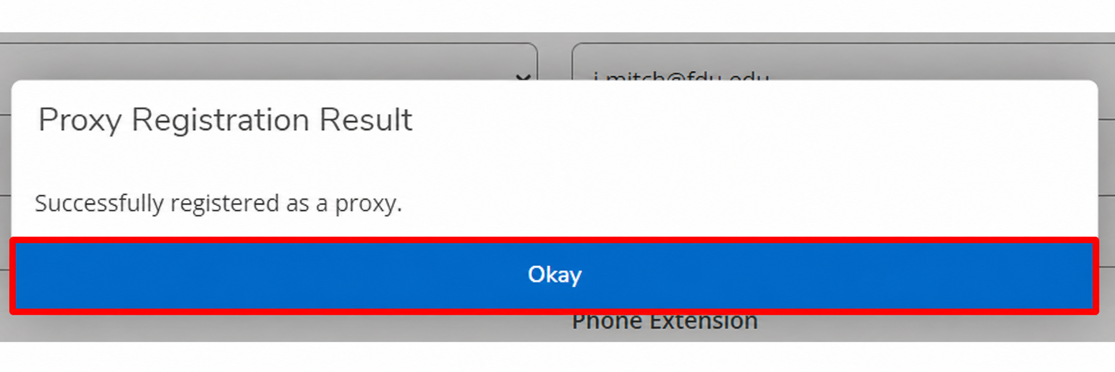 Proxy Registration Result dialog with the Okay button outlined