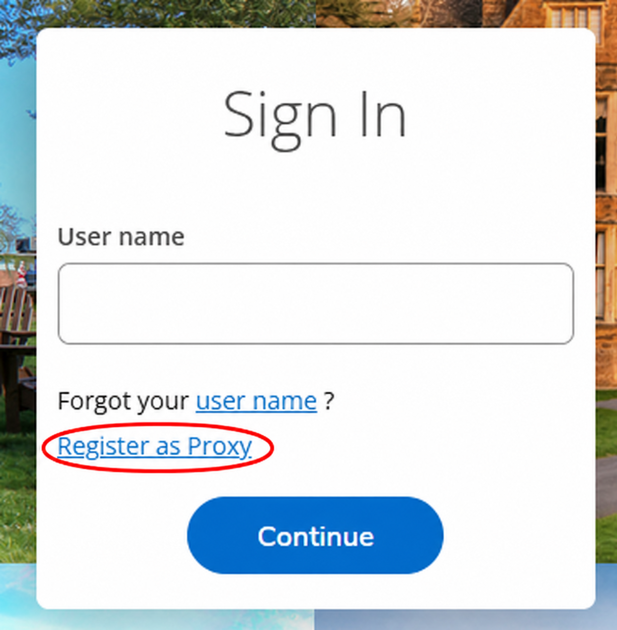 Self-Service sign-in page with the Register as Proxy link outlined