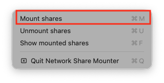 Network Share Mounter menu with Mount Shares highlighted