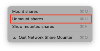 Network Share Mounter menu with Unmount Shares highlighted