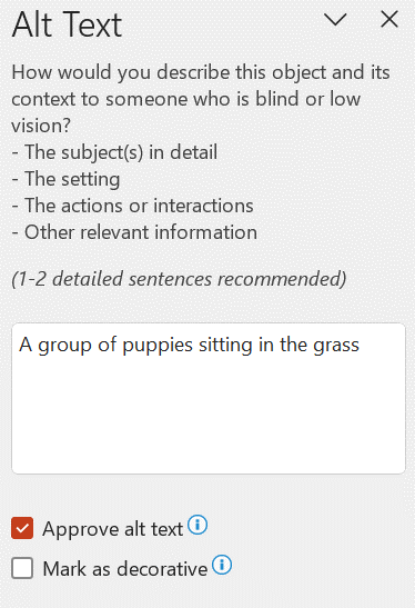 Alt Text pane prompting the author to review an AI-generated description before selecting Approve alt text