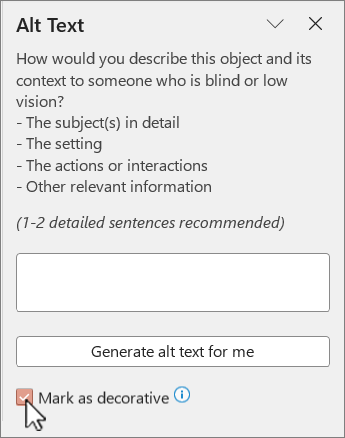 Microsoft 365 Alt Text pane with Mark as decorative selected