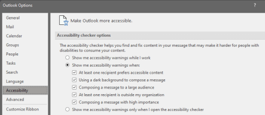 Outlook Accessibility options with Show me accessibility warnings while I work available above the scenario-based warning settings